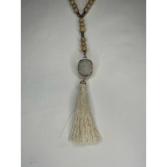 Long Beaded Tassel Necklace with Quartz Crystal Pendant - Picture 2 of 3